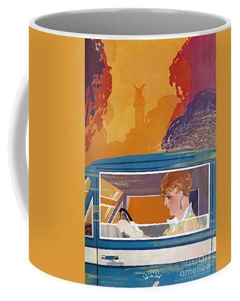 Vintage Coffee Mug featuring the mixed media Woman Driving 1927 Vehicle Original French Art Deco Illustration by Retrographs