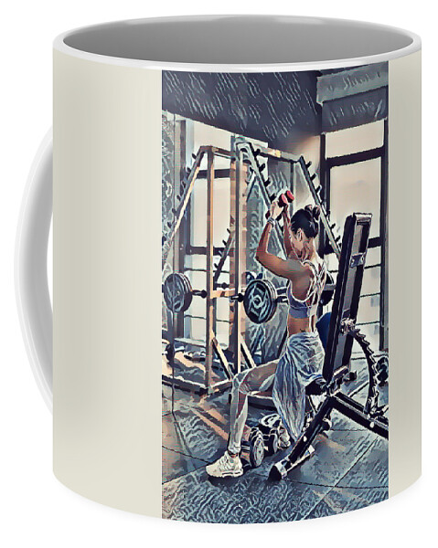 Woman Exercise Workout In Gym Fitness Coffee Mug featuring the painting Woman exercise workout in gym fitness by Jeelan Clark