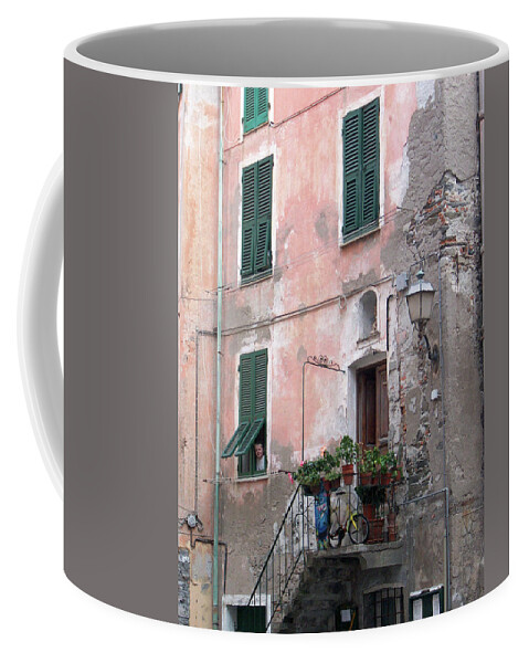 Cinque Terre Coffee Mug featuring the photograph Green Shutters by Leslie Struxness