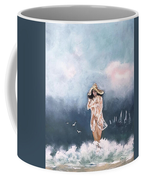 Miroslaw Chelchowski Woman On The Beach Wave Walking Shore Hat Naked Nude Dark Sailing Wind Blue Acrylic On Canvas Water Ocean Seascape Print Clouds Seagull Birds Coffee Mug featuring the painting Woman On The Beach by Miroslaw Chelchowski