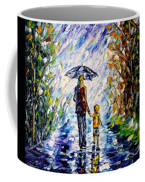 Mother And Child Coffee Mug featuring the painting Woman With Child In The Rain by Mirek Kuzniar