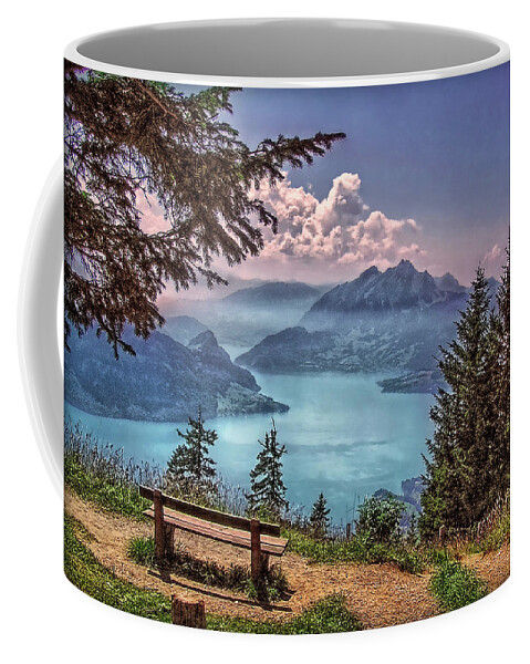 Switzerland Coffee Mug featuring the photograph Wooden Bench by Hanny Heim
