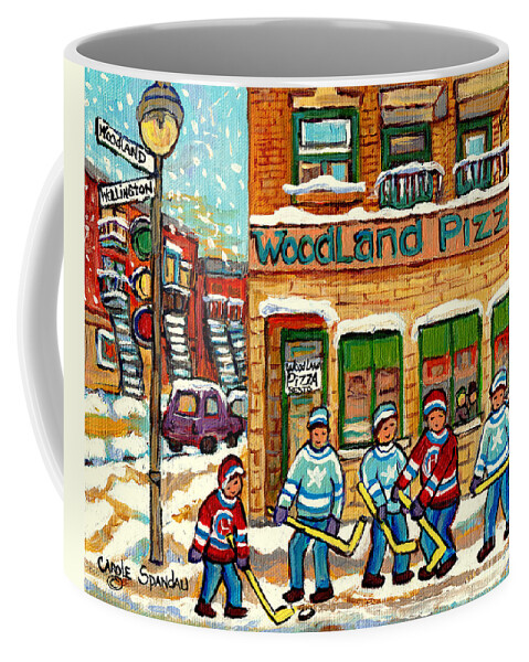 Restaurant Woodland Coffee Mug featuring the painting Woodland Pizza Rue Wellington Verdun Montreal Fine Art Hockey Painting C Spandau Winter Scene Artist by Carole Spandau