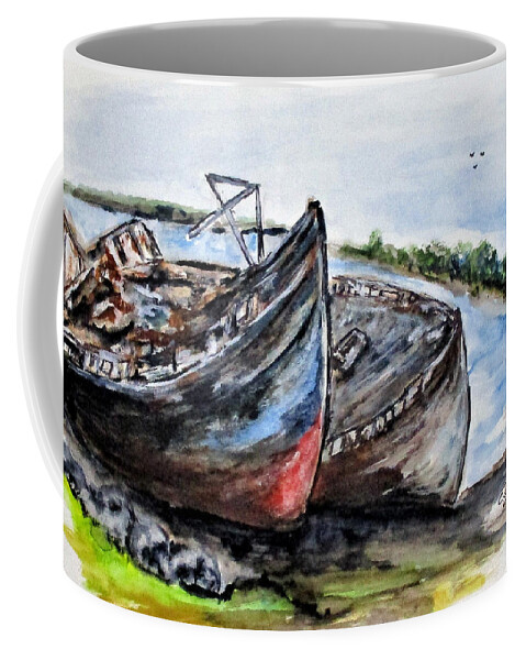 Boats Coffee Mug featuring the painting Wrecked River Boats by Clyde J Kell