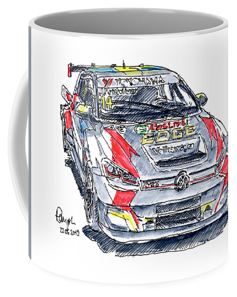 Wtcr Coffee Mug featuring the drawing WTCR Volkswagen Golf GTI Racecar Ink Drawing and Watercolor by Frank Ramspott