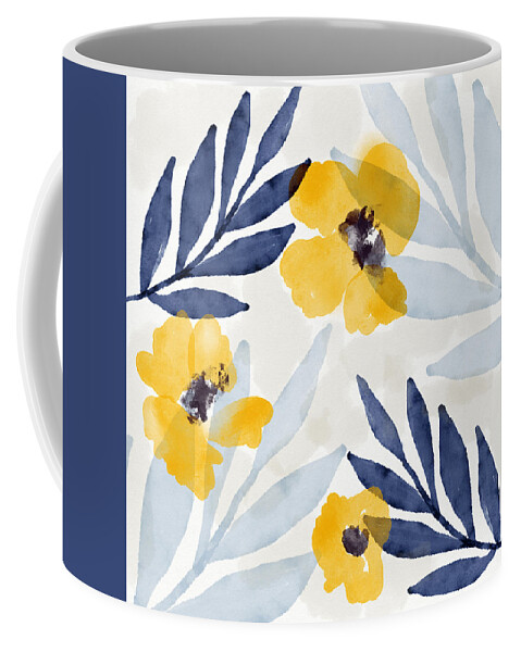 Flowers Coffee Mug featuring the mixed media Yellow and Navy 1- Floral Art by Linda Woods by Linda Woods