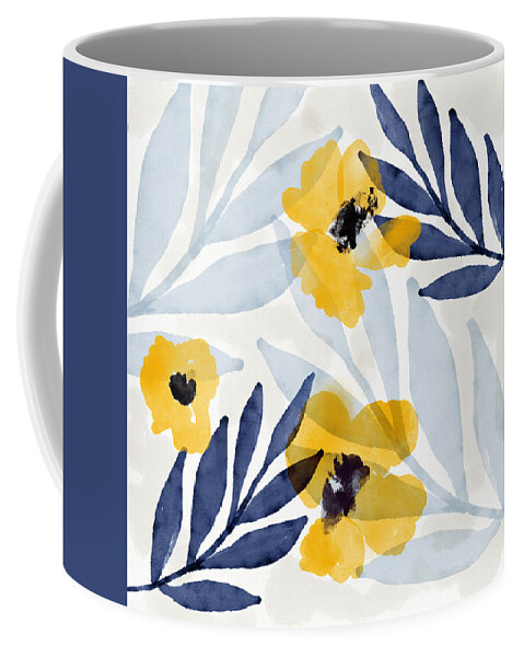 Flowers Coffee Mug featuring the mixed media Yellow and Navy 2- Floral Art by Linda Woods by Linda Woods