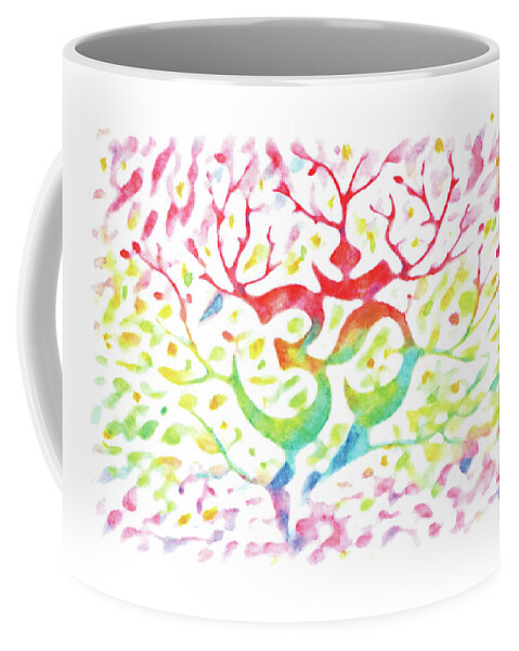 Yoga Mantra Om Tree Coffee Mug featuring the drawing Yoga mantra om tree-Watercolor,Colourful,Dazzling,ImpressionismHandmade,Hand-painted,Greeting Card by Artto Pan