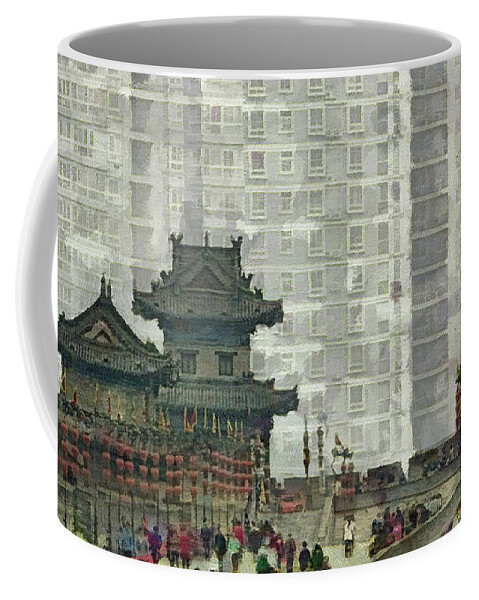 Abstract Coffee Mug featuring the mixed media 031 Architectural Abstract, Cityscape, High Rise City Walls, Xian, China by Richard Neuman Architectural Gifts