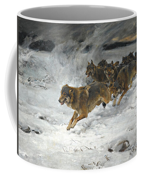 Wolf Coffee Mug featuring the painting A Pack Of Wolves #2 by Alfred Wierusz Kowalski