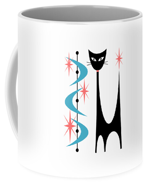 Mid Century Modern Coffee Mug featuring the digital art Atomic Cat Turquoise and Pink by Donna Mibus