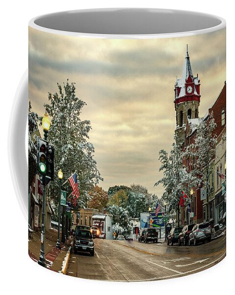 Stoughton Coffee Mug featuring the photograph Beautiful Bedazzled Burg - Stoughton Wisconsin dusted with snow with fall colors still showing by Peter Herman