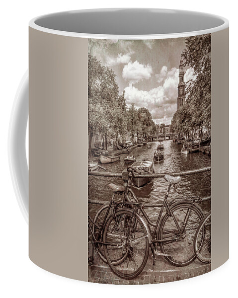 Boats Coffee Mug featuring the photograph Bicycles on the Canals II in Vintage Sepia #1 by Debra and Dave Vanderlaan
