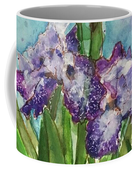 Bearded Iris Coffee Mug featuring the painting Birthday Blessings #2 by Cheryl Wallace