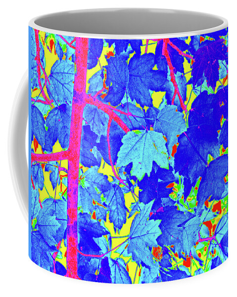 Memphis Coffee Mug featuring the digital art Blue Leaves On Yellow by David Desautel