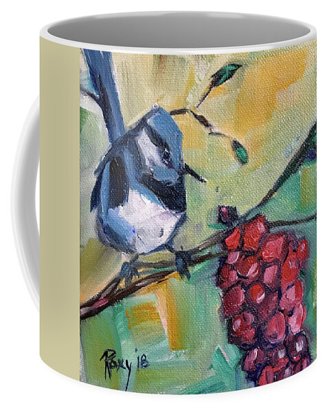 Blue Wren Coffee Mug featuring the painting Blue Wren with Grapes #2 by Roxy Rich