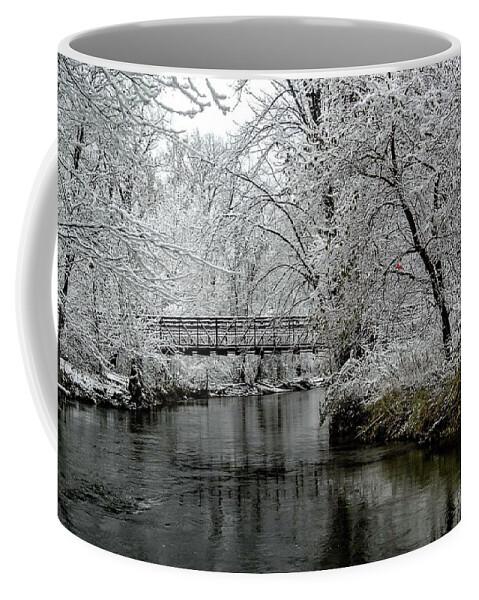 Christmas Coffee Mug featuring the photograph Bridge Over the Clinton River DSC_2785 with Cardinal #2 by Michael Thomas