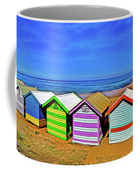 Brighton Beach Huts Panorama Coffee Mug featuring the photograph Brighton Beach Huts Panorama by Az Jackson
