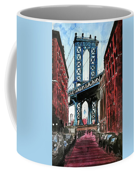 Travel Coffee Mug featuring the painting Manhattan Bridge by Eileen Backman