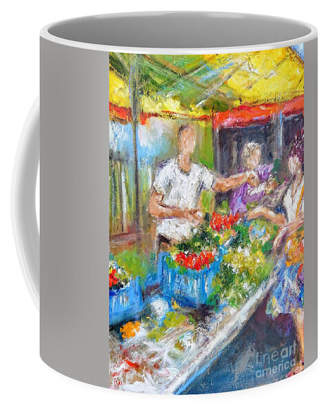 Painting Of Galway Market Coffee Mug featuring the painting Busy day at Galway Market paintings by Mary Cahalan Lee - aka PIXI