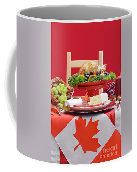 Apple Coffee Mug featuring the photograph Canadian Christmas or Thanksgiving Table with maple leaf flag.. #1 by Milleflore Images