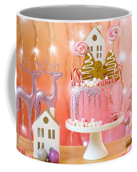 Christmas Coffee Mug featuring the photograph Candy land Christmas cake in pink and gold party table setting. #1 by Milleflore Images