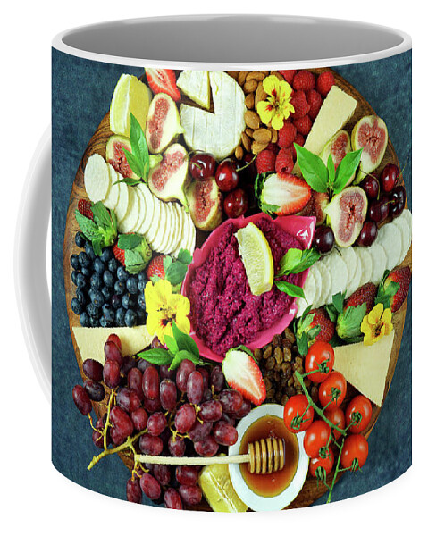 Food Coffee Mug featuring the photograph Cheese and fruit charcuterie dessert grazing platter on wooden board. #1 by Milleflore Images