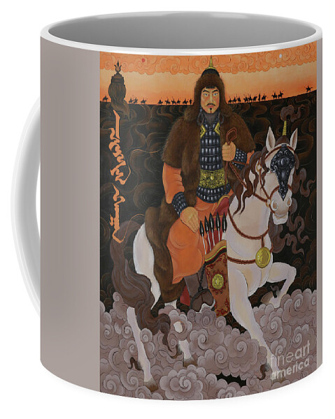 Genggis Khan Coffee Mug featuring the painting Chinggis Khaan by Solongo Chuluuntsetseg