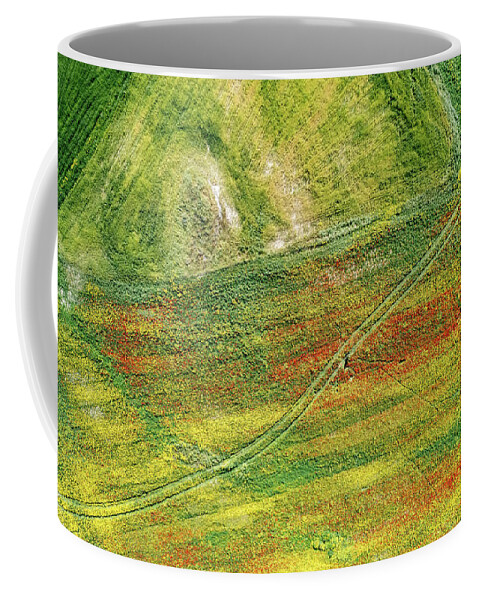 Spring Coffee Mug featuring the photograph Drone aerial field with yellow blooming and red flowers. Spring landscape background #1 by Michalakis Ppalis