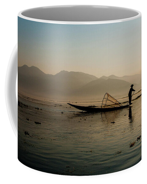 Fisherman Coffee Mug featuring the photograph Fisherman at Inle Lake by Arj Munoz