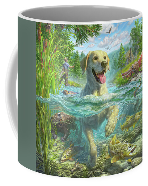 Yellow Lab Coffee Mug featuring the digital art Gone Fishing #1 by Mark Fredrickson