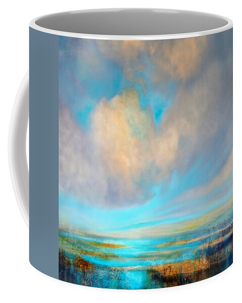 Sun Coffee Mug featuring the painting Happiness - soft clouds over a blue water #1 by Annette Schmucker