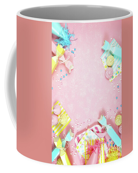 Birthday Coffee Mug featuring the photograph Happy birthday party theme creative layout flat lay with negative copy space. #1 by Milleflore Images