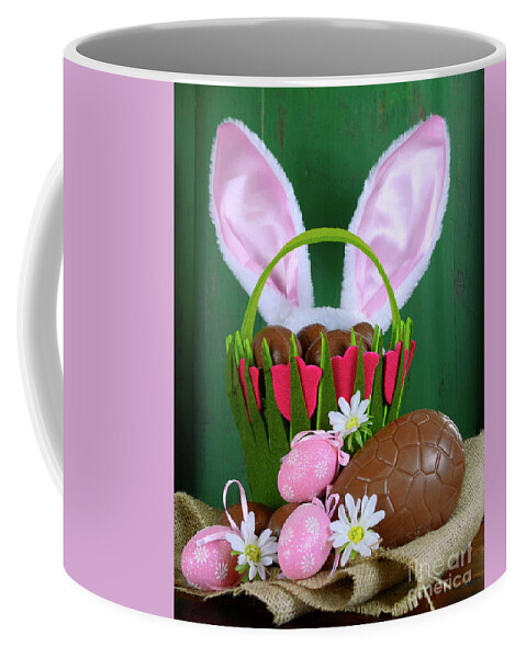 Basket Coffee Mug featuring the photograph Happy Easter green background #1 by Milleflore Images