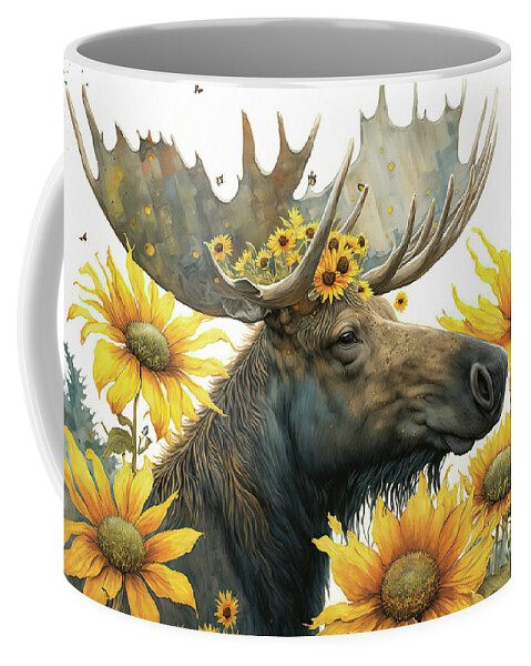 Moose Coffee Mug featuring the painting Happy In The Sunflowers #1 by Tina LeCour