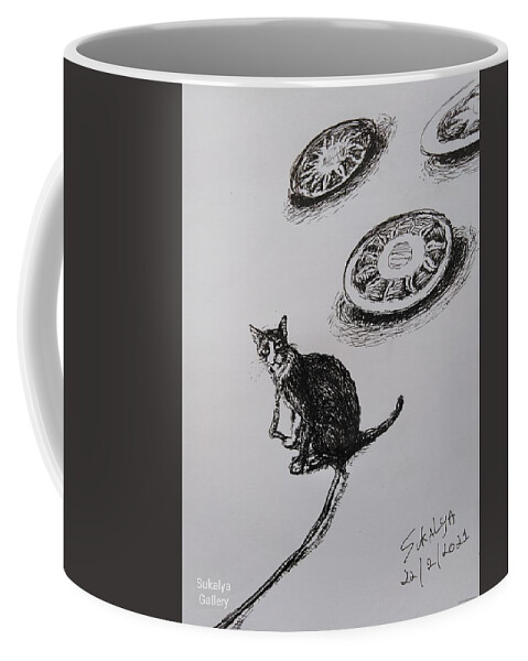 Drawing Coffee Mug featuring the drawing 1 Hr., In Prison Of a Noughty Cat On a Sunny Day by Sukalya Chearanantana
