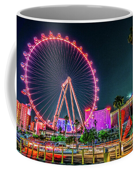 Neon Lights Coffee Mug featuring the photograph Las Vegas Nevada High Roller Ferris Wheel by Dave Morgan