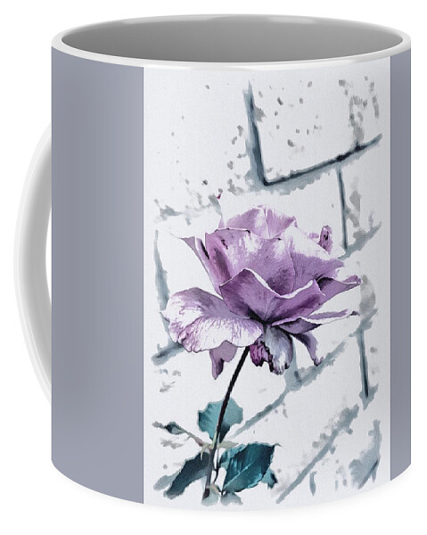 Rose Flower Lavender White Green Leaves Grey Wall Coffee Mug featuring the digital art Lavender Rose #1 by Kathleen Boyles