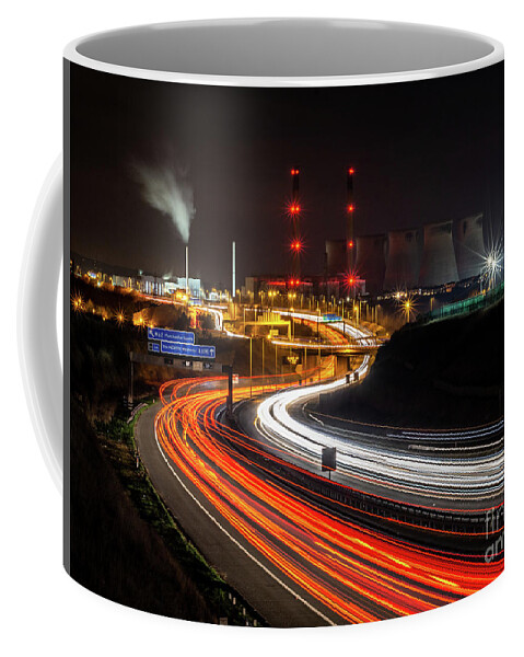England Coffee Mug featuring the photograph Light trails and Ferrybridge Power Station #1 by Mariusz Talarek
