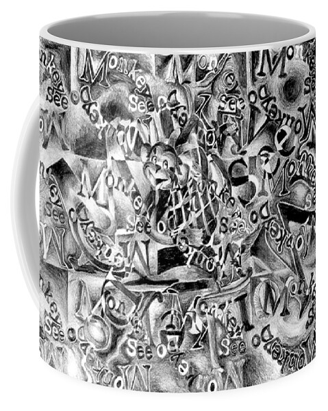 Monkey Pencil Drawing Pineapple Black White Coffee Mug featuring the drawing Monkey See Monkey DO by Kasey Jones