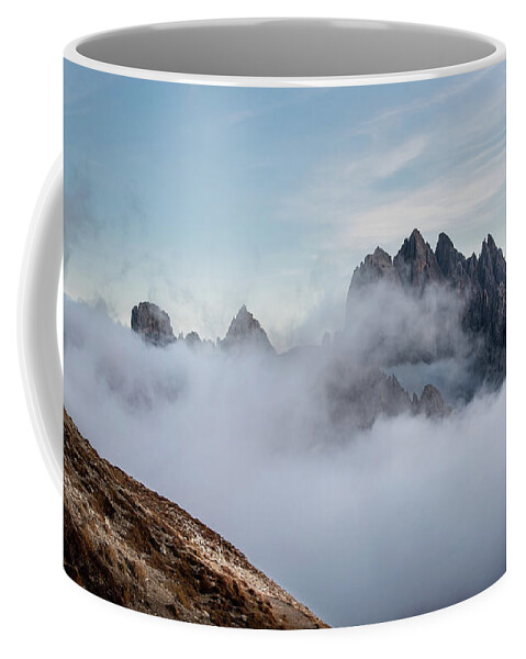 Italian Alps Coffee Mug featuring the photograph Mountain landscape with fog in autumn. Tre Cime dolomiti Italy. by Michalakis Ppalis