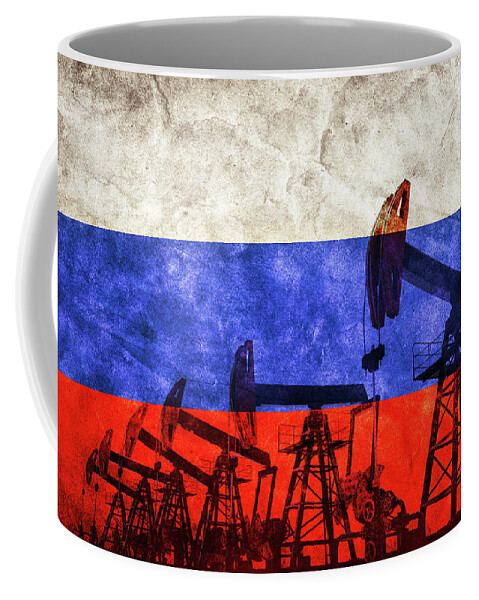 Oil Coffee Mug featuring the photograph Oil pump jack on flag of Russia. Russian petroleum #1 by Michal Bednarek