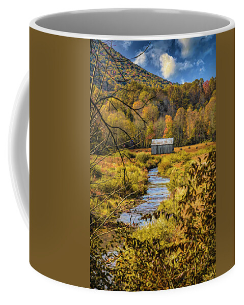 Barns Coffee Mug featuring the photograph Old Barn by the Creek Creeper Trail in Autumn Tones Damascus Vir #1 by Debra and Dave Vanderlaan