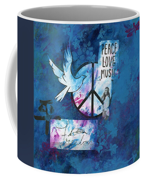 Shopify Coffee Mug featuring the mixed media Peace Love Music - Blue by Jamie Hoffman