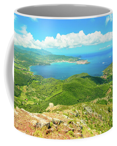 Italy Coffee Mug featuring the photograph Portoferraio gulf from Volterraio Mount #1 by Benny Marty