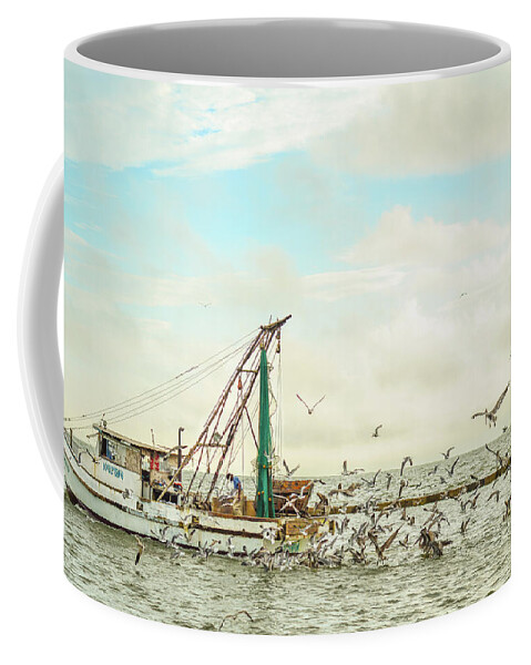 Shrimp Boat Birds Pelican Laughing Gull Coast Coastal Shrimping Net Water Rockport Texas Fulton Clouds Bay Gulf Mexico Marina Harbor Coffee Mug featuring the photograph Rainbow Returns by Christopher Rice