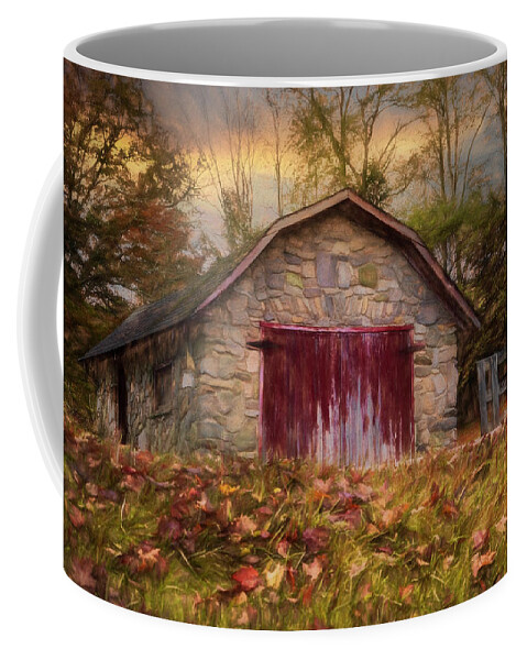 Barns Coffee Mug featuring the photograph Red Door Barn Farm Creeper Trail in Autumn Fall Colors Damascus #1 by Debra and Dave Vanderlaan