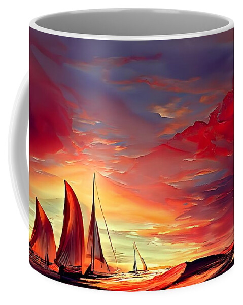 Digital Coffee Mug featuring the digital art Red Sails in the Sunset #1 by Beverly Read