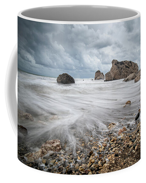 Sea Waves Coffee Mug featuring the photograph Seascape with windy waves during stormy weather on a rocky coast by Michalakis Ppalis