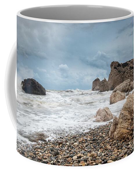 Paphos Coffee Mug featuring the photograph Seascapes with windy waves. Rock of Aphrodite Paphos Cyprus by Michalakis Ppalis